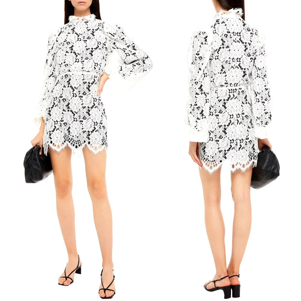 Sandro Mya Balloon Sleeved Floral Lace Mini Dress‎ Black White Sz Small Cocktail